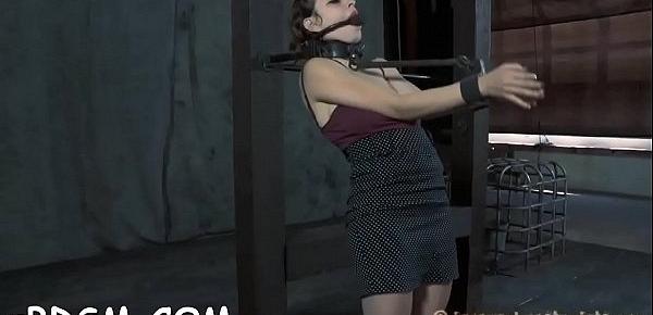  Gagged beauty is hoisted up previous to hard pussy prodding